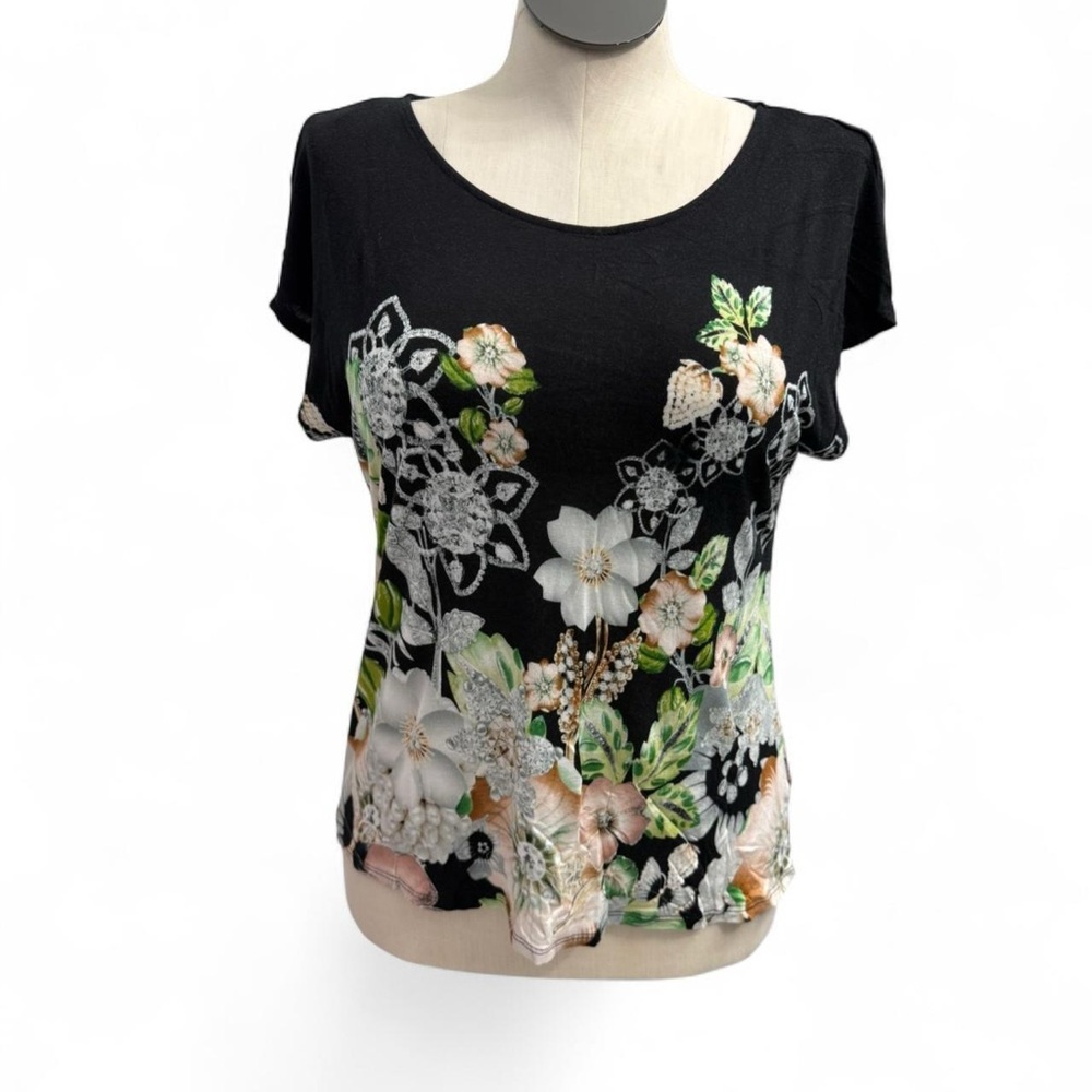 Philosophy Black Womens Large Floral Crew Neck Short Sleeve Top Multicolor